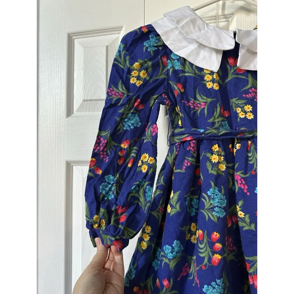 VTG 80s PLUM PUDDING Dress Girls 8 Blue Floral Holiday Cottage Tulle Lined